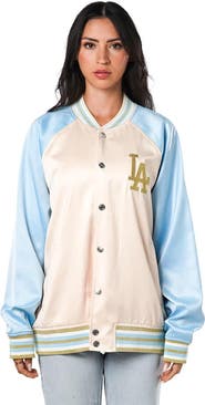 THE WILD COLLECTIVE Women's The Wild Collective Cream Los Angeles Dodgers Oversized Satin Raglan Full-Snap Bomber Jacket