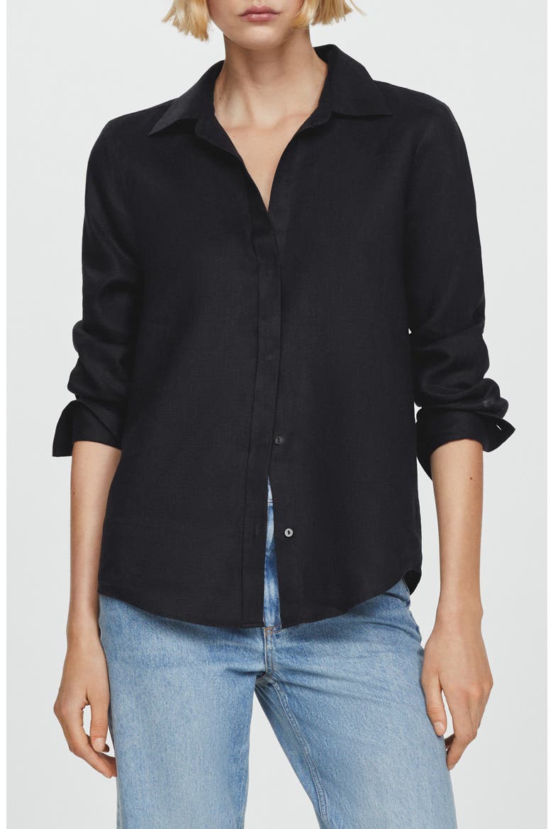 Button-Up Linen Shirt, Main, color, BLACK