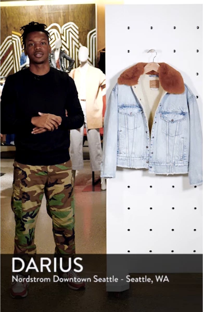 Oversize Faux Shearling Lined Denim Trucker Jacket with Removable Faux Fur Collar, sales video thumbnail