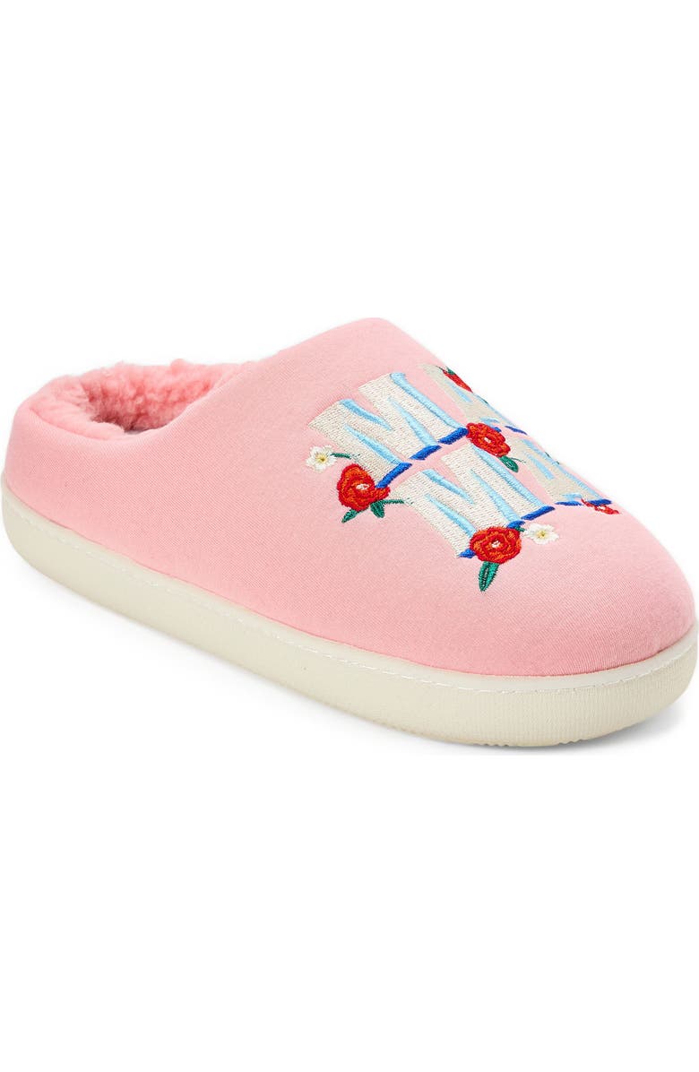 DEARFOAMS 'Mama' Embroidered Faux Fur Lined Slipper, Main, color, Coral Cream