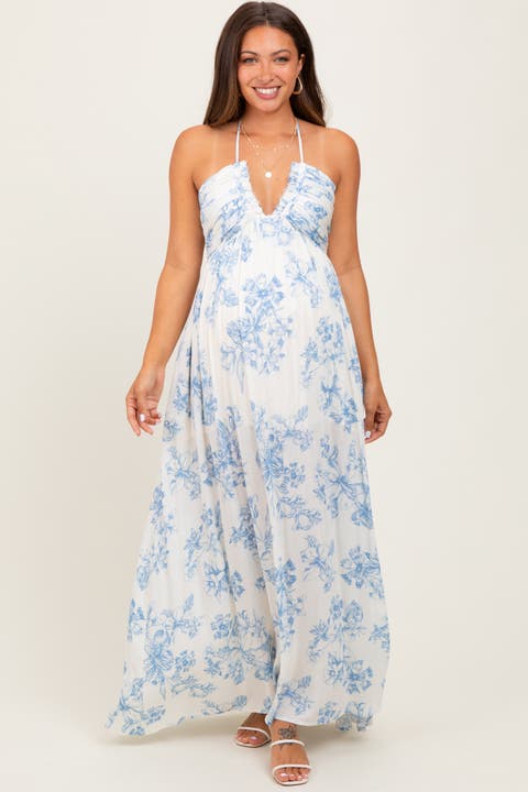 Blue Floral Tie-Back Halter Maxi Dress