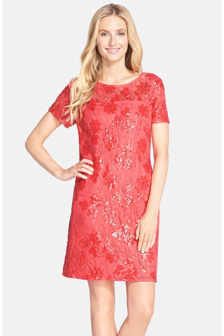 Sequin Lace Shift Dress, Main, color, CORAL
