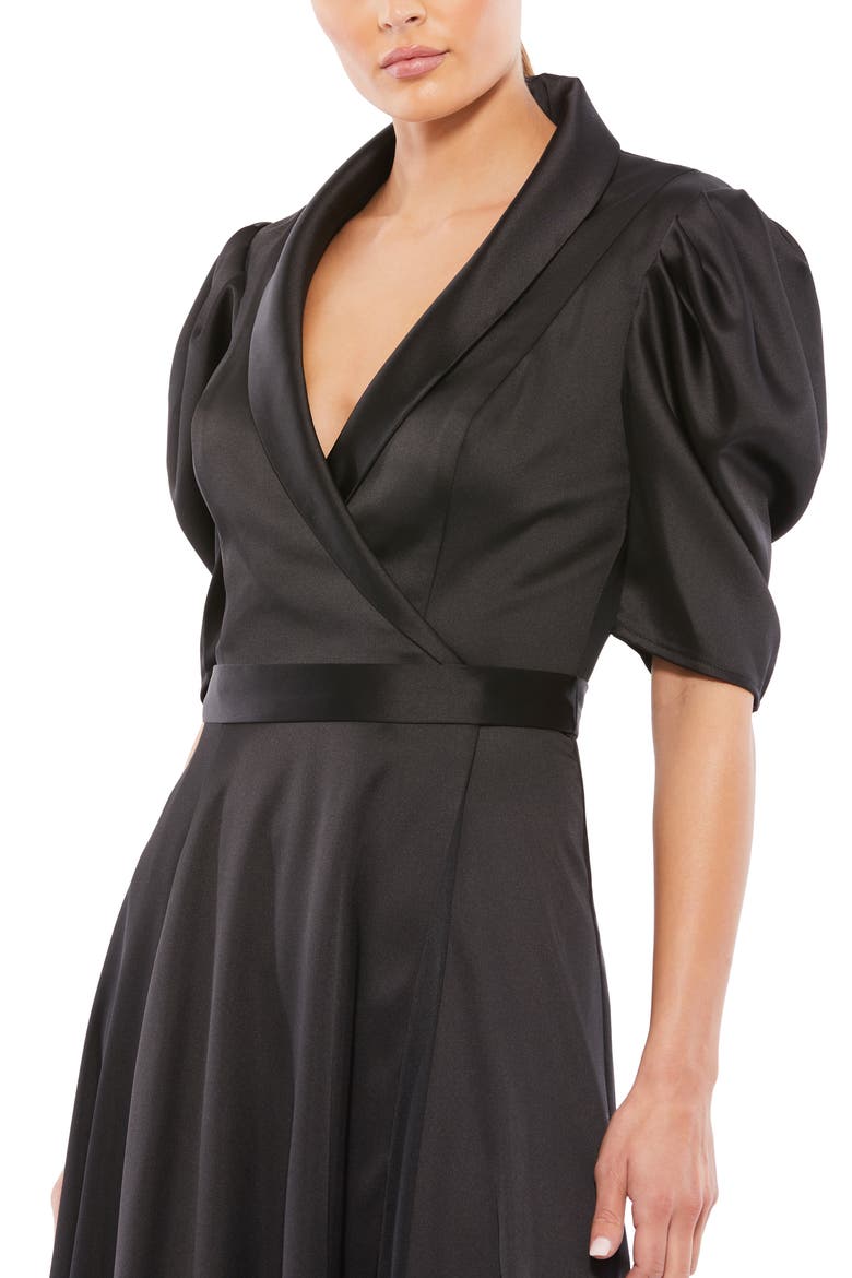 Satin Lapel Puff Sleeve Tea Length Dress, Alternate, color, BLACK