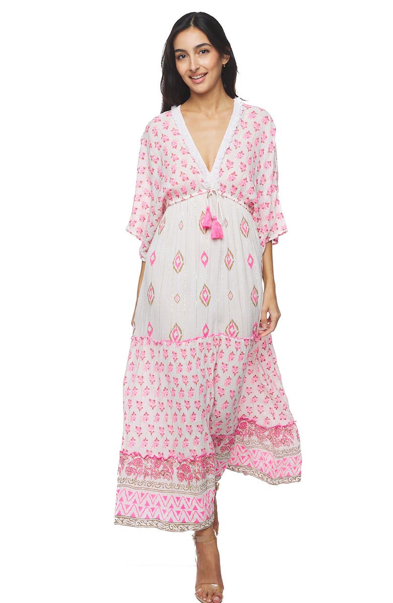 RANEES Plunge Three-Quarter Sleeve Maxi Dress, Alternate, color, Pink