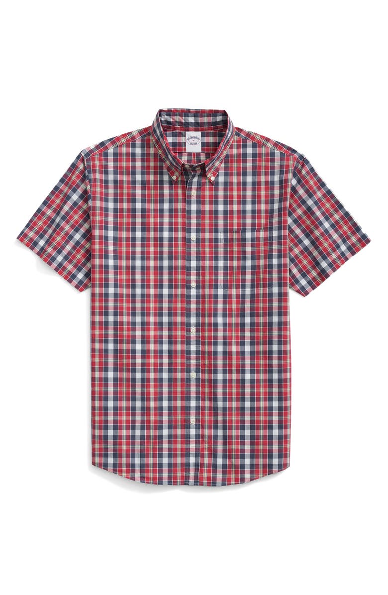 Brooks Brothers Friday Plaid Short Sleeve Cotton Poplin Button-Down Shirt, Alternate, color, 