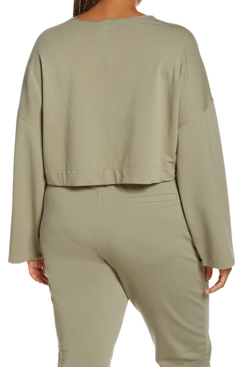 Split Neck Stretch Cotton Crop Sweatshirt, Alternate, color, GREEN VETIVER
