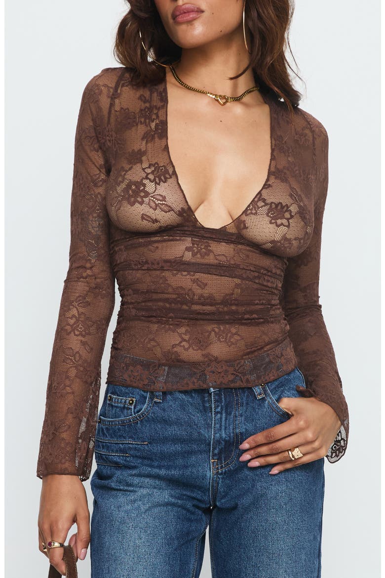 Nydia V-Neck Sheer Lace Top, Main, color, CHOCOLATE