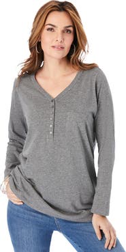 Roaman's Plus Size Long Sleeve Sweetheart Henley Tee (plus)