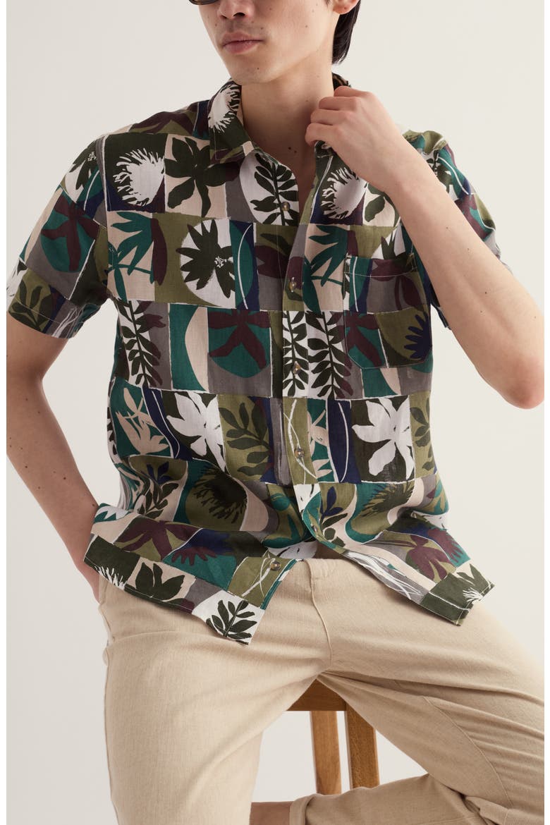 Blue Heron Short Sleeve Linen Shirt, Main, color, FLORAL SPLICE LIGHT NORI