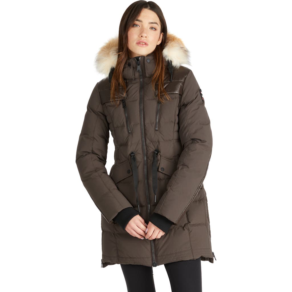 Pajar Alia Mixed Media Quilted Parka with Detachable Hood and Faux Fur Trim in Dark Oak