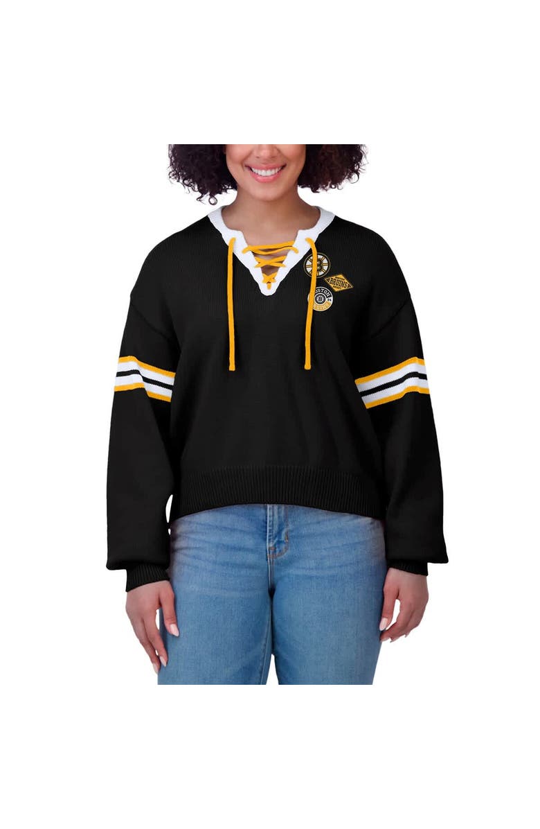 WEAR by Erin Andrews Women's WEAR by Erin Andrews  Black Boston Bruins Cropped Lace-Up Sweater, Alternate, color, Black