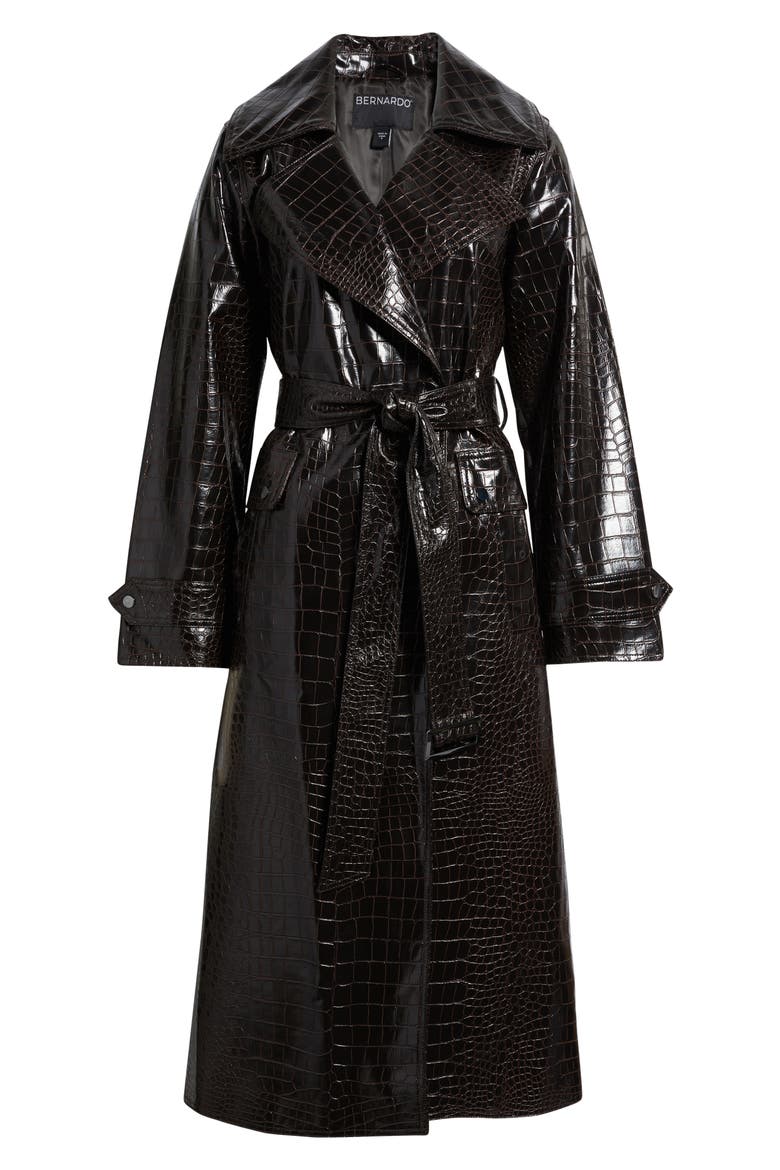 Croc Embossed Faux Leather Trench Coat, Alternate, color, BROWN
