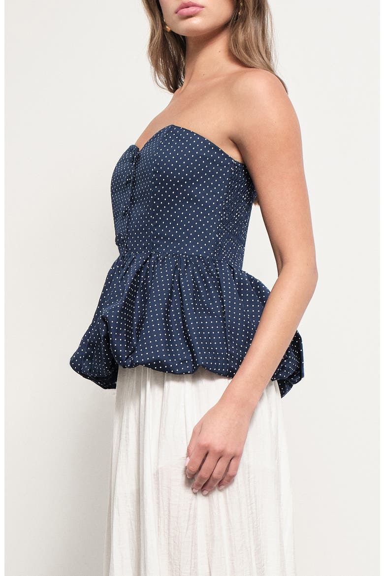 Wyatt Polka Dot Strapless Bubble Hem Peplum Top, Alternate, color, NAVY WHITE DOTS