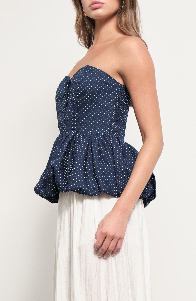 MAUDE CLUB Wyatt Polka Dot Strapless Bubble Hem Peplum Top, Alternate, color, Navy White Dots