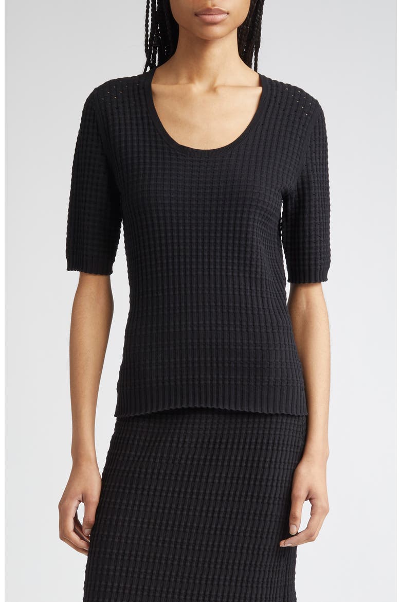 Mixed Stitch Short Sleeve Sweater, Main, color, BLACK