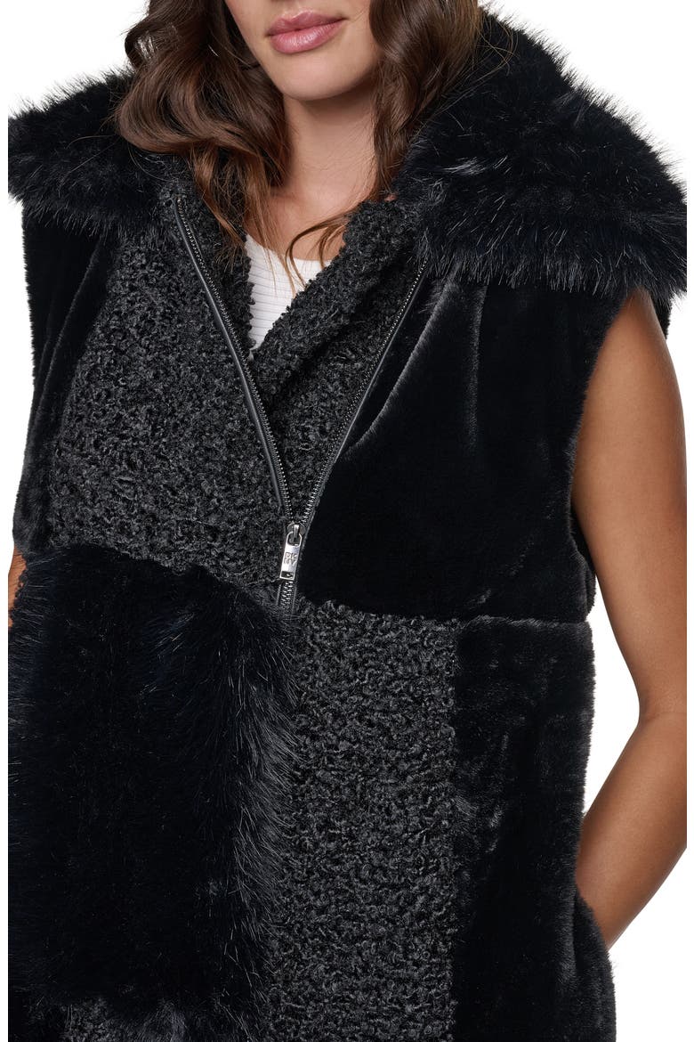 Patch Mix Faux Fur Long Vest, Alternate, color, BLACK