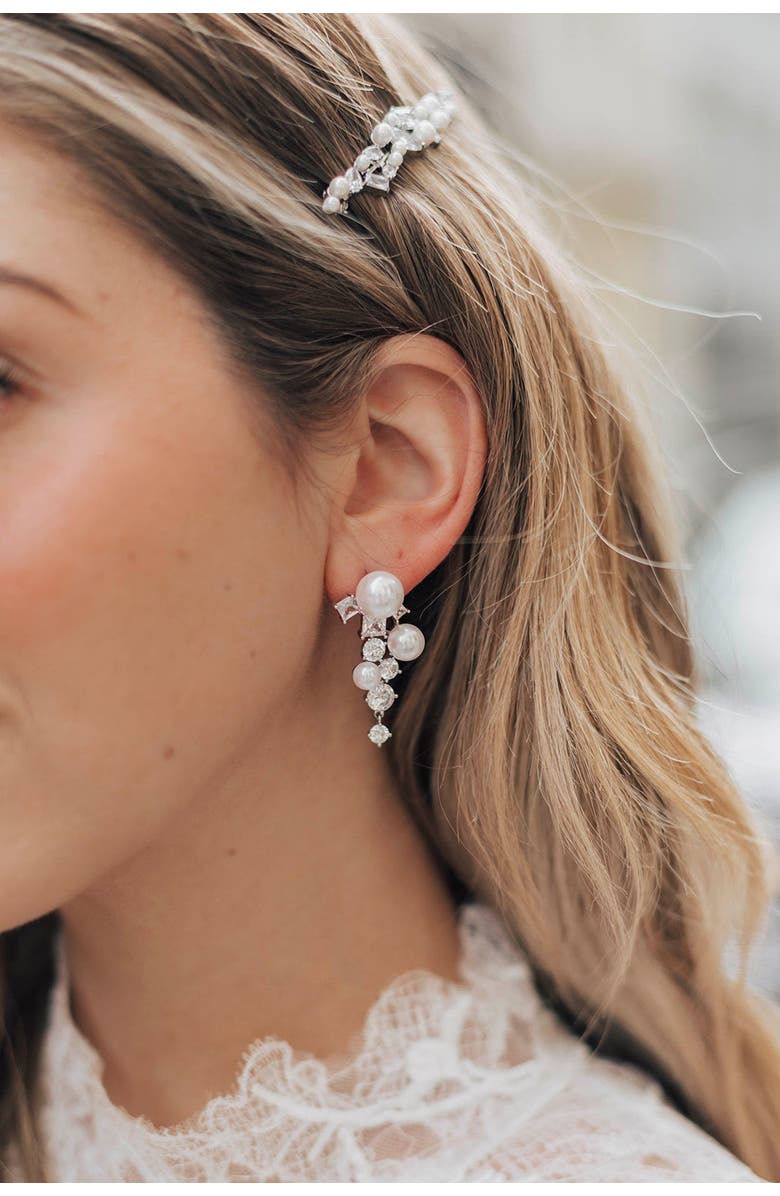 Untamed Petals Alexandra Pearl and Crystal Drop Earrings, Alternate, color, Silver