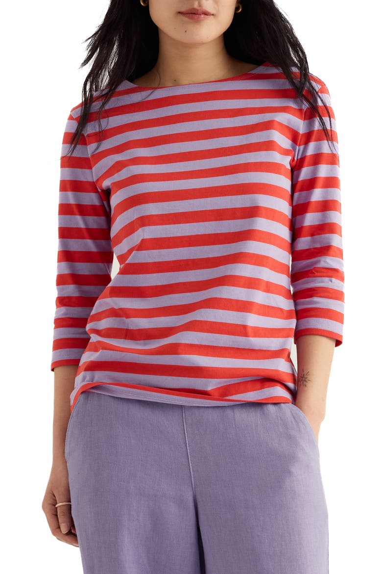 Sailor Stripe Three Quarter Sleeve Organic Cotton T-Shirt, Main, color, BRETON CREEK BRIGHT RADISH