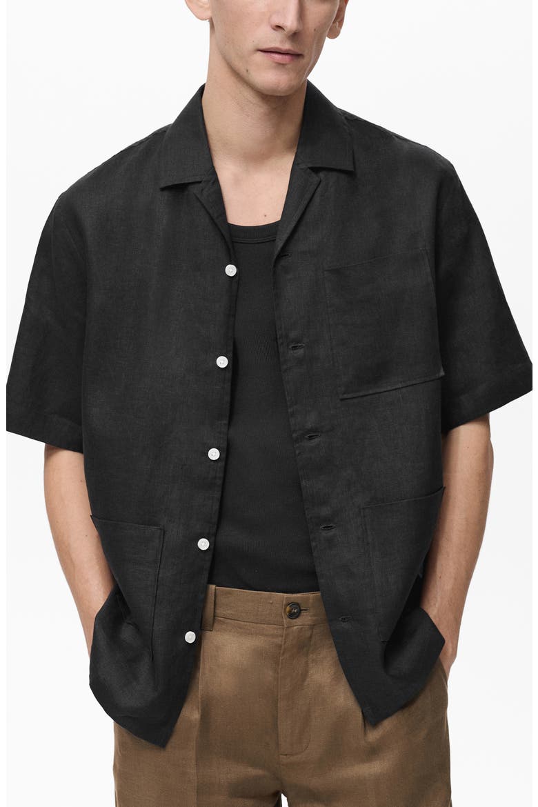 Short Sleeve Linen Button-Up Shirt, Main, color, BLACK