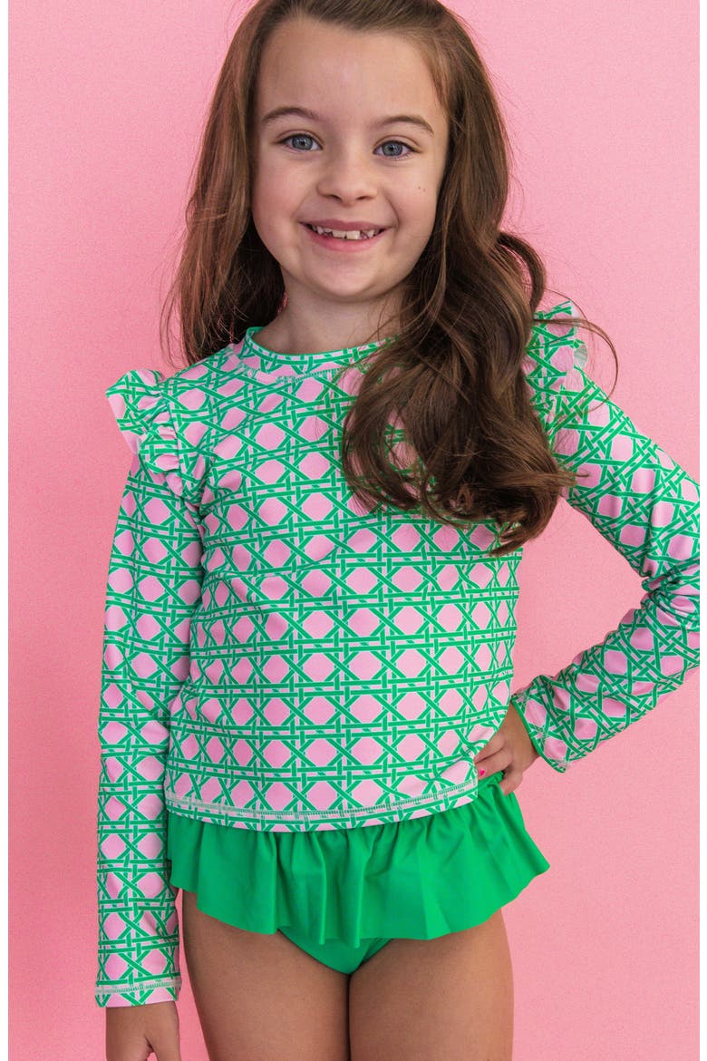 Kids' Coastal Cane Ruffle Long Sleeve Two-Piece Rashguard Swimsuit, Alternate, color, GREEN