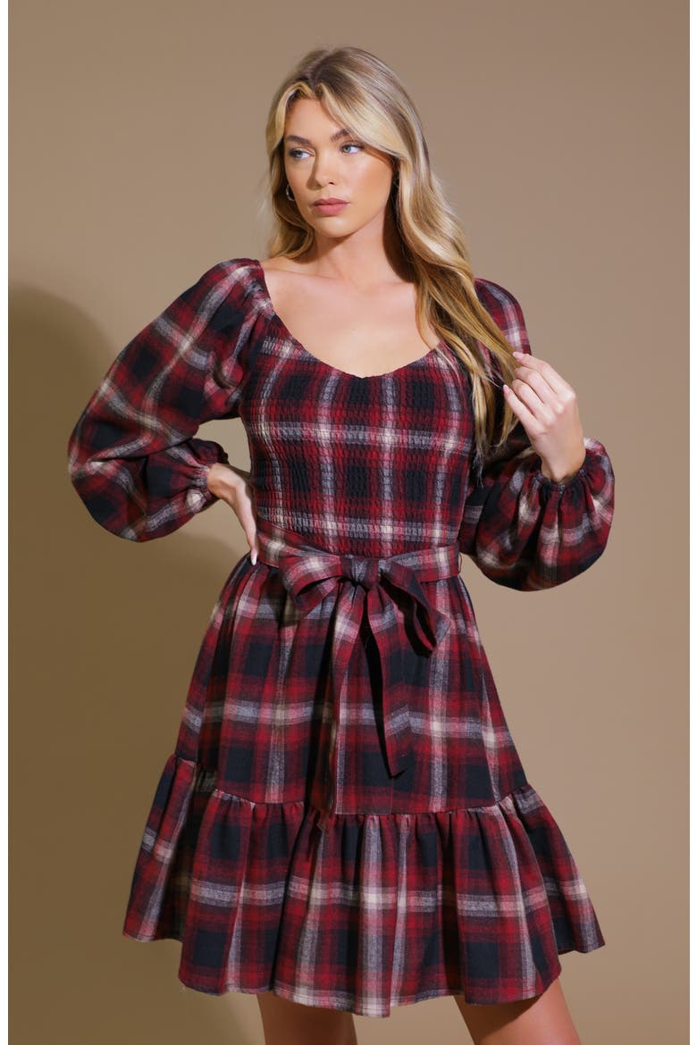 Plaid Long Sleeve Tie Waist Minidress, Alternate, color, RED/ BLACK