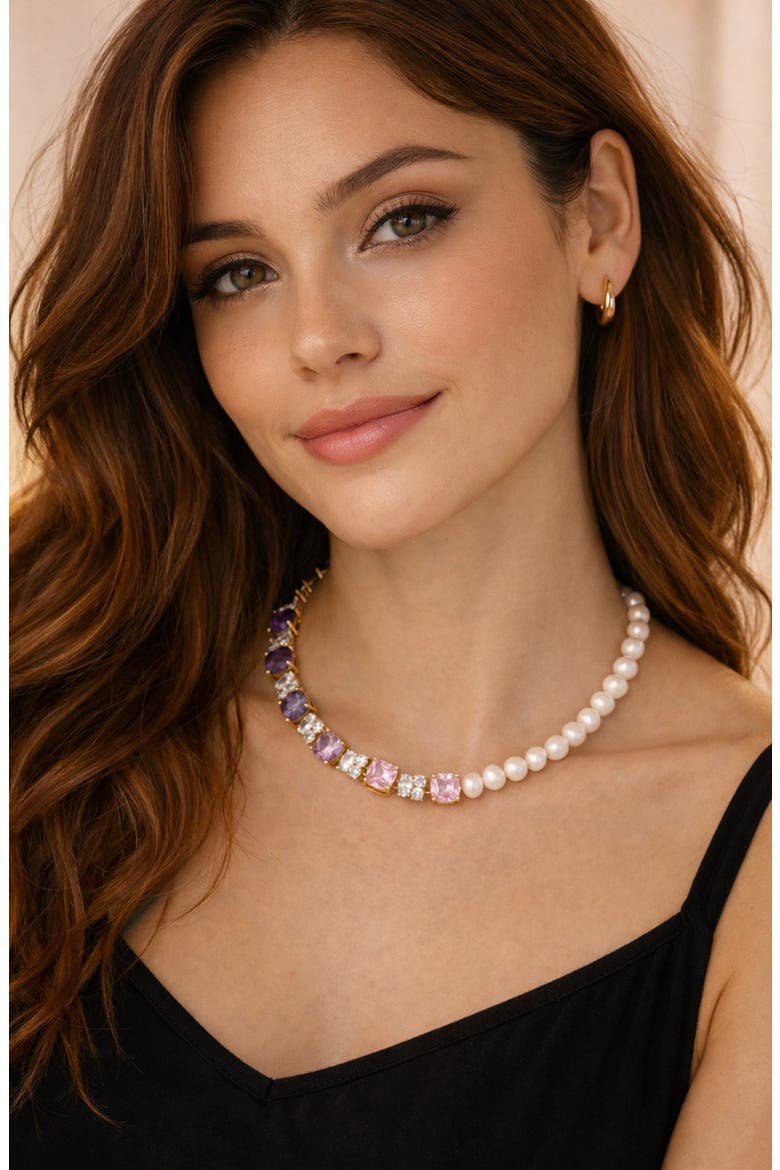 Sabrina Cubic Zirconia & Faux Pearl Necklace, Alternate, color, GOLD