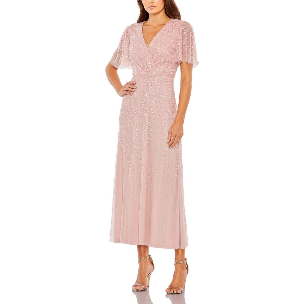 Mac Duggal Beaded Wrap Over Butterfly Sleeve Column Dress In Rose