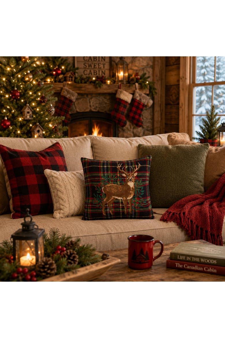 Embroidered Deer On Botanical Berries Plaid Christmas Throw Pillow 12" x 12", Alternate, color, Red