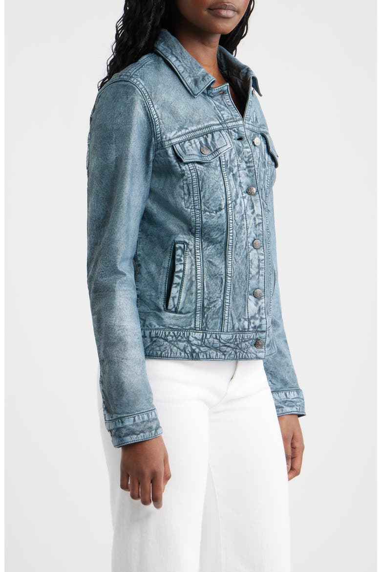 Jessie Denim Look Leather Trucker Jacket, Alternate, color, TEAL