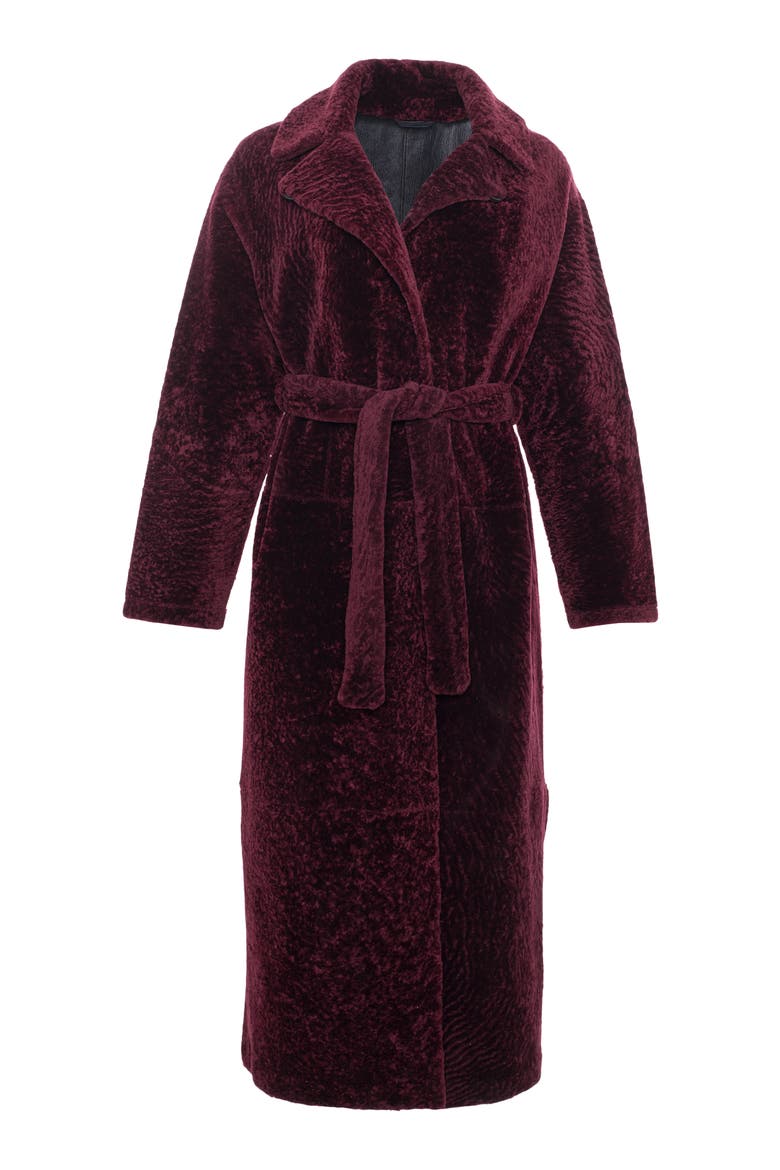 Reversible Textured Genuine Shearling Coat with Side Slits, Belt, Alternate, color, BURGUNDY/BLACK