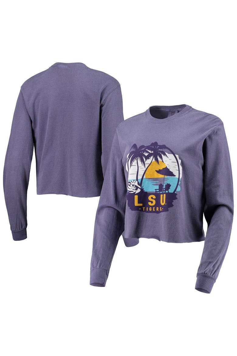 Women's Purple LSU Tigers Palm Trees Sunset Long Sleeve Crop Top, Main, color, Purple