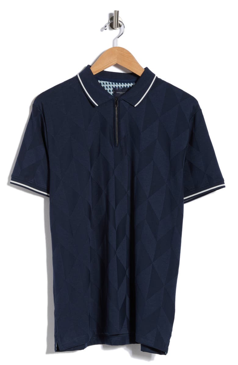 DENIM AND FLOWER Geometric Textured Quarter Zip Polo, Main, color, Navy