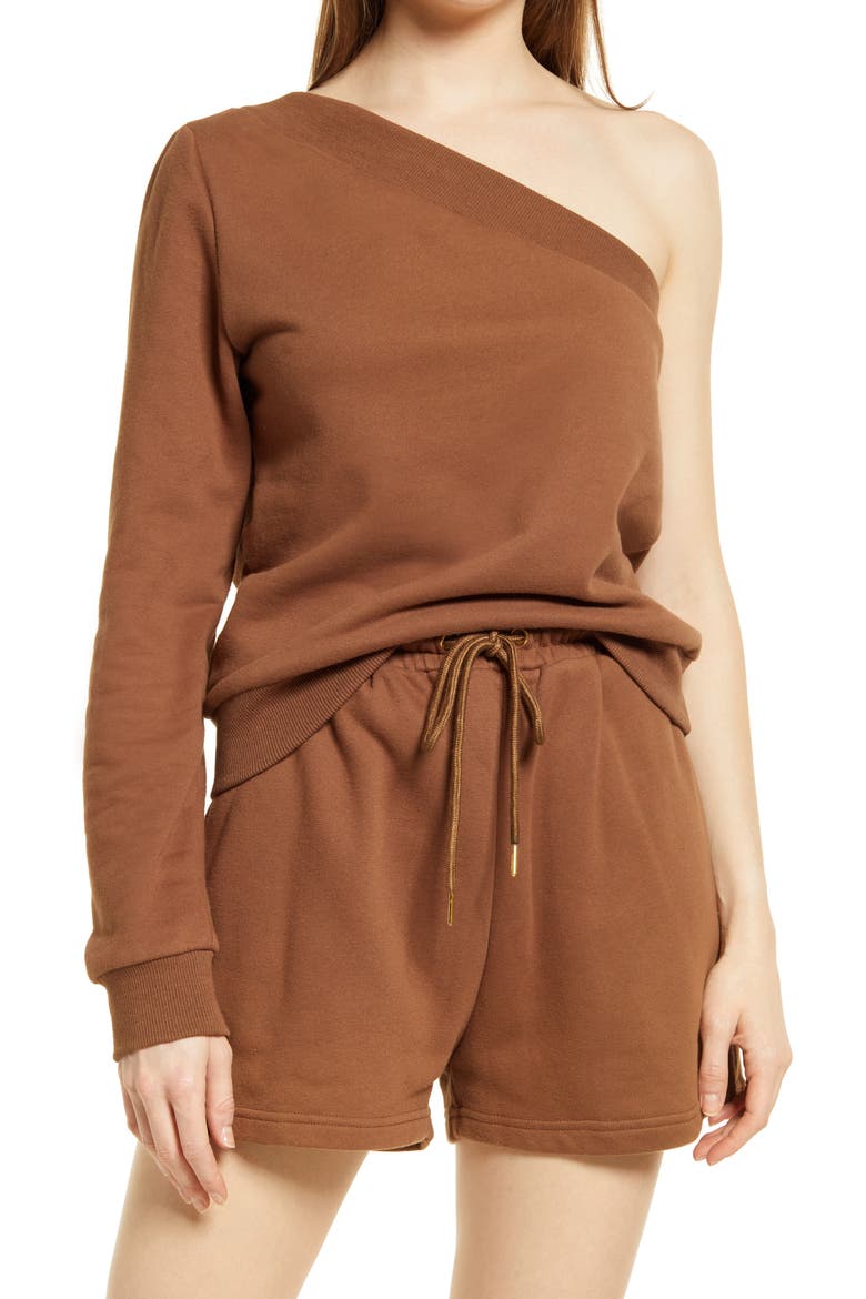 Aadi Fleece One-Shoulder Top, Main, color, PECAN