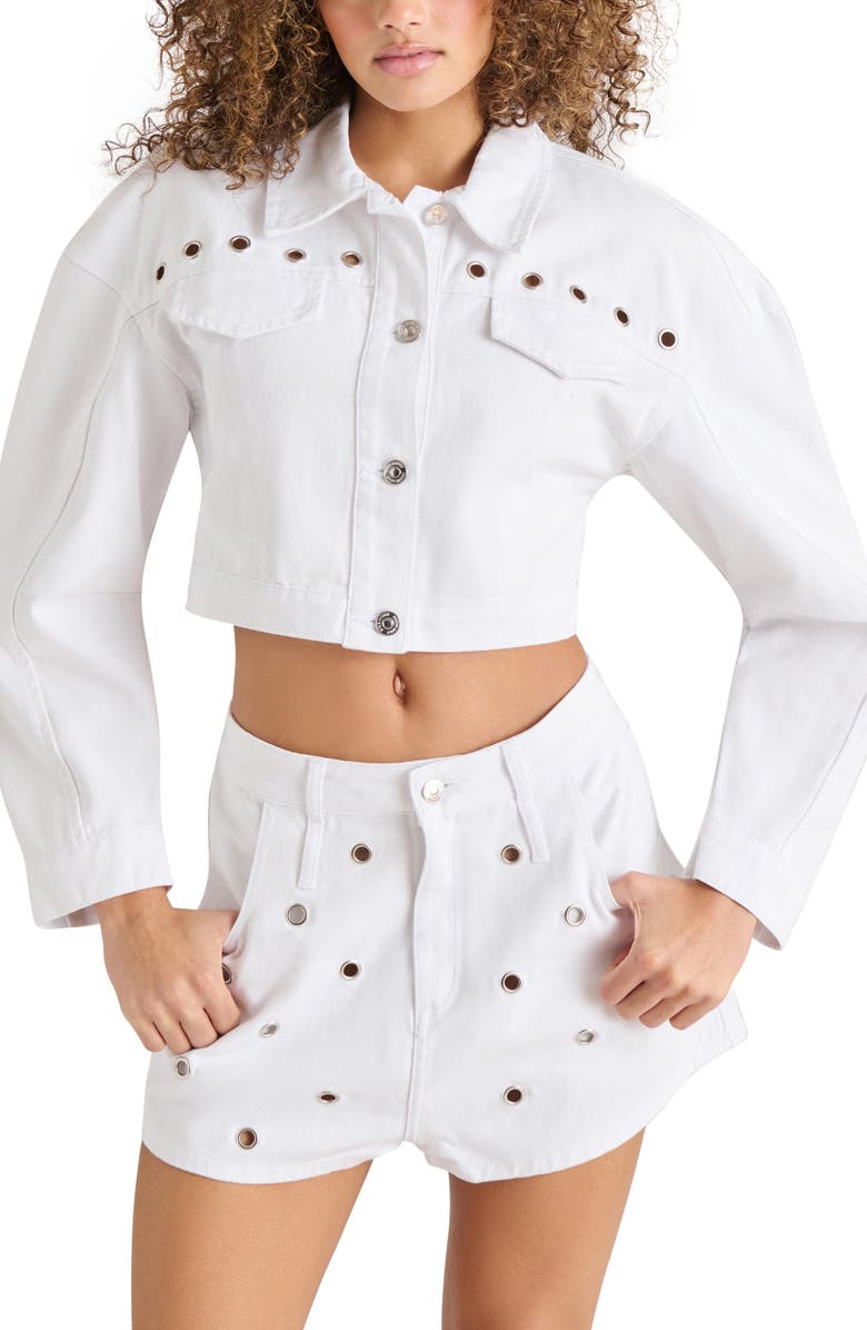 Steve Madden Damiani Grommet Denim Crop Jacket, Main, color, 