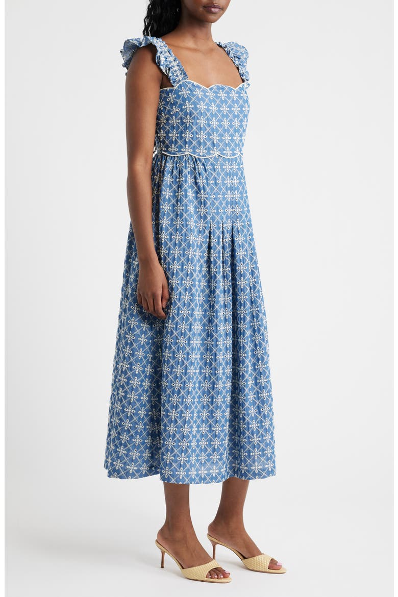 Embroidered Flutter Sleeve Cotton Blend Midi Dress, Alternate, color, BLUE