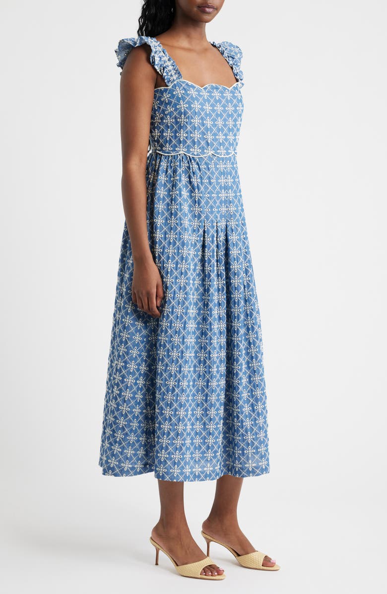 MOON RIVER Embroidered Flutter Sleeve Cotton Blend Midi Dress, Alternate, color, Blue