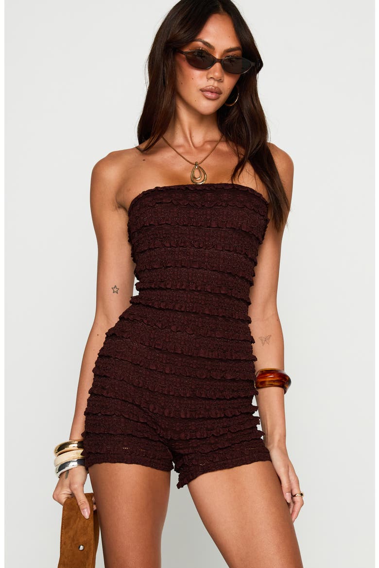 Ayver Ruffle Strapless Romper, Alternate, color, CHOCOLATE