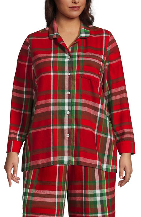 Plus Size Long Sleeve Print Flannel Pajama Top