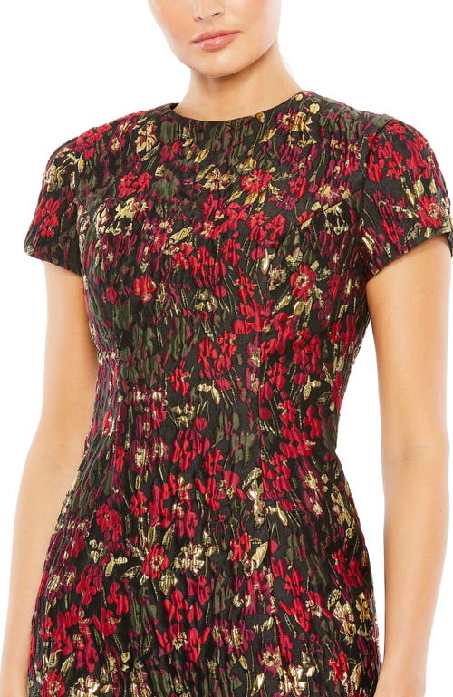 Mac Duggal Floral Brocade Cap Sleeve Fitted Dress In Black Multi