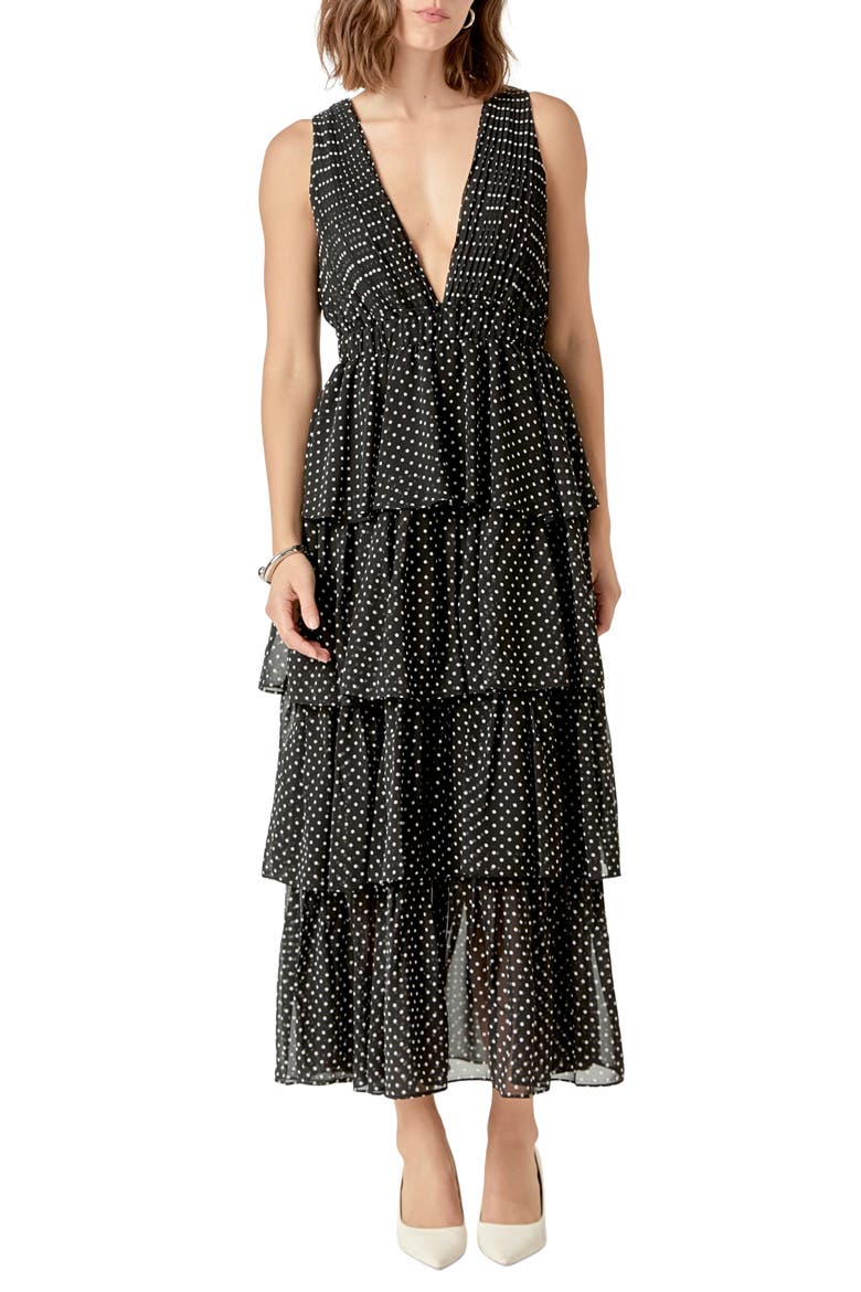 Dot Sleeveless Tiered Maxi Dress, Main, color, BLACK/ WHITE
