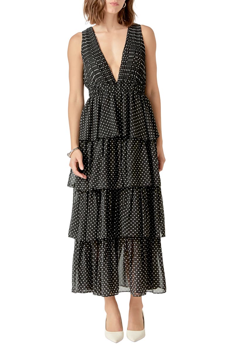 Endless Rose Dot Sleeveless Tiered Maxi Dress, Main, color, Black/ White