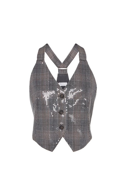Brunello Cucinelli Prince Of Wales Waistcoat With Embroidery In Gray