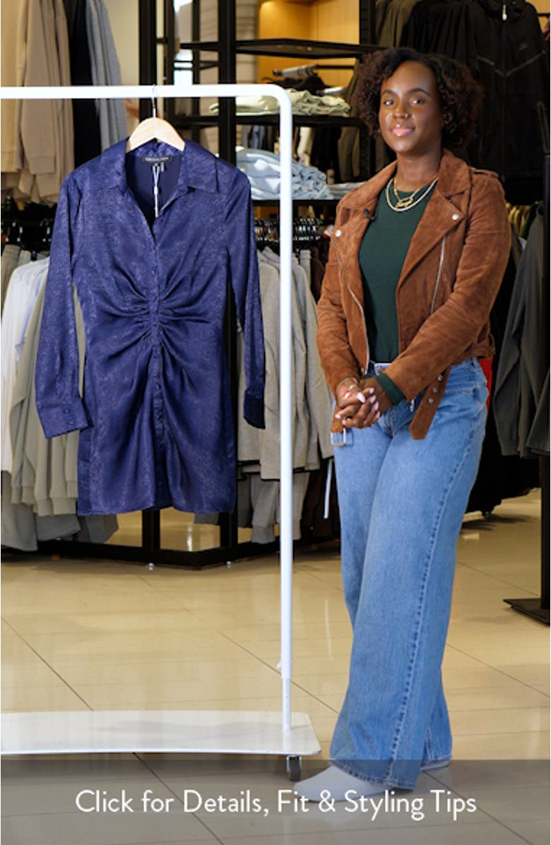 Ruched Long Sleeve Satin Shirtdress, sales video thumbnail