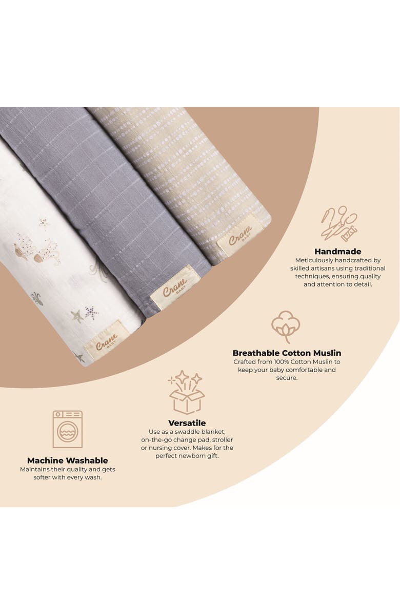 CRANE BABY Cove 3-Pack Assorted Cotton Swaddle Blankets, Alternate, color, 