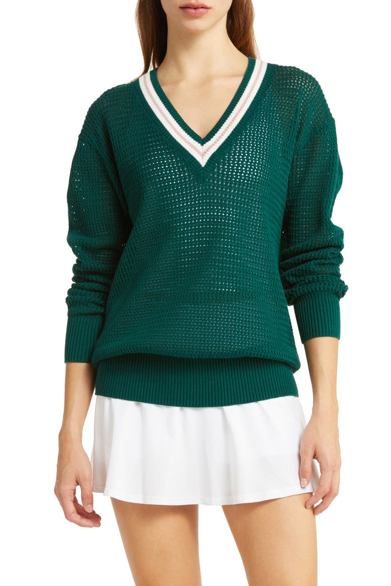 Open Stitch Cotton Tennis Sweater, Main, color, FOREST