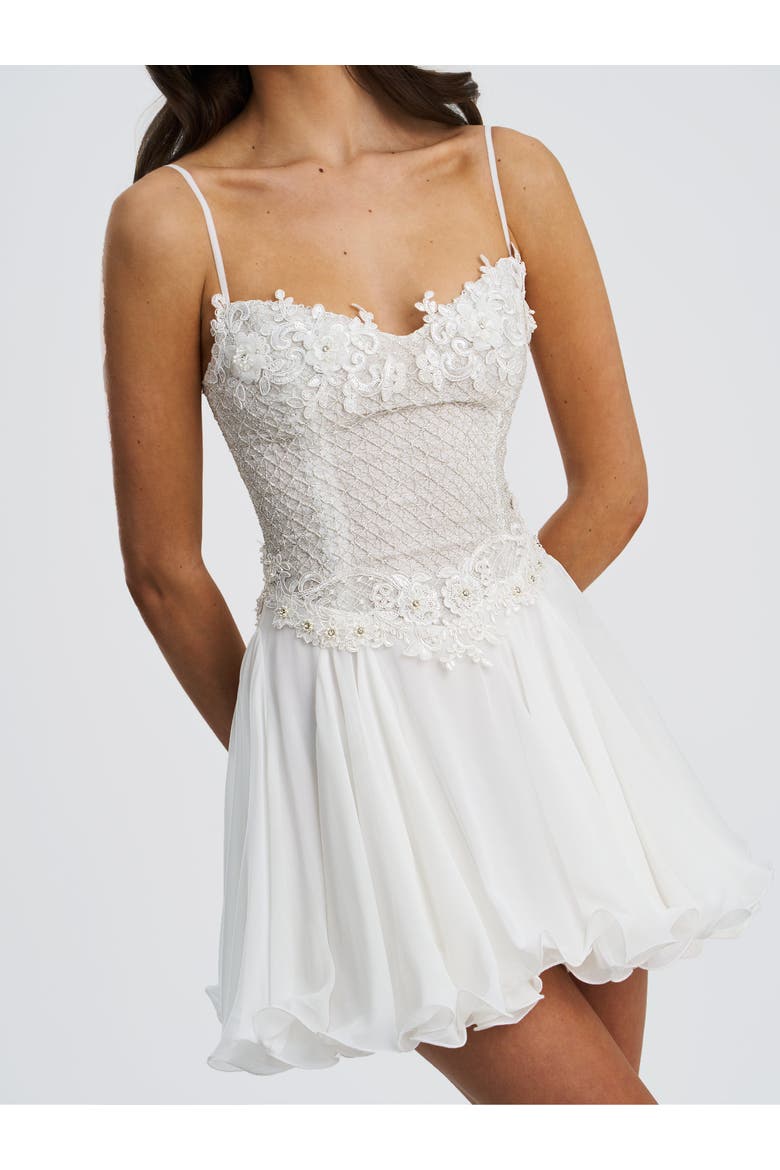 Fabiola Lace Trim Net Top Mini Flare Chiffon Dress, Alternate, color, Silver