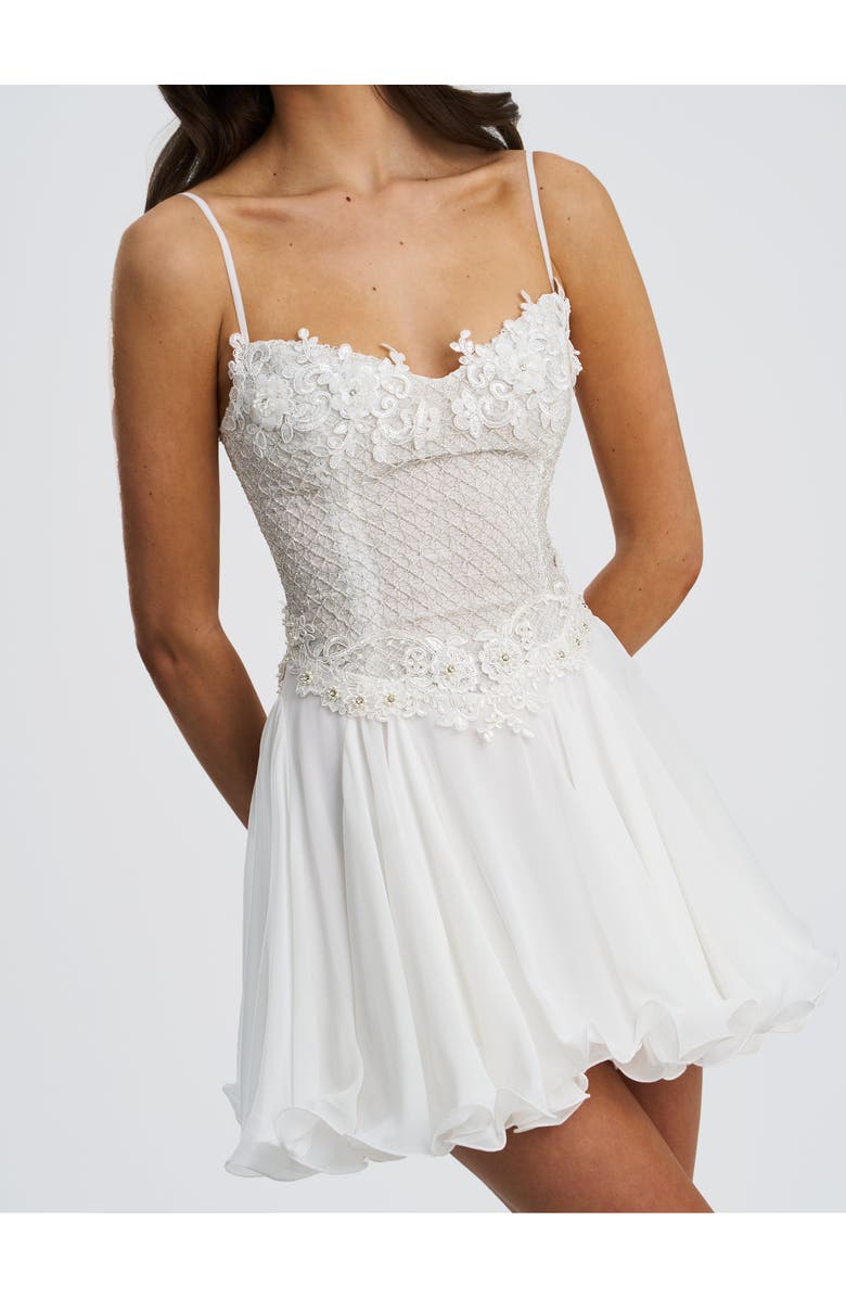 Miss Circle Fabiola Lace Trim Net Top Mini Flare Chiffon Dress, Alternate, color, Silver