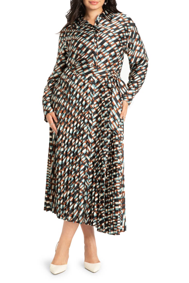 Geo Print Pleated Long Sleeve Maxi Shirtdress, Main, color, FOREST WOOD