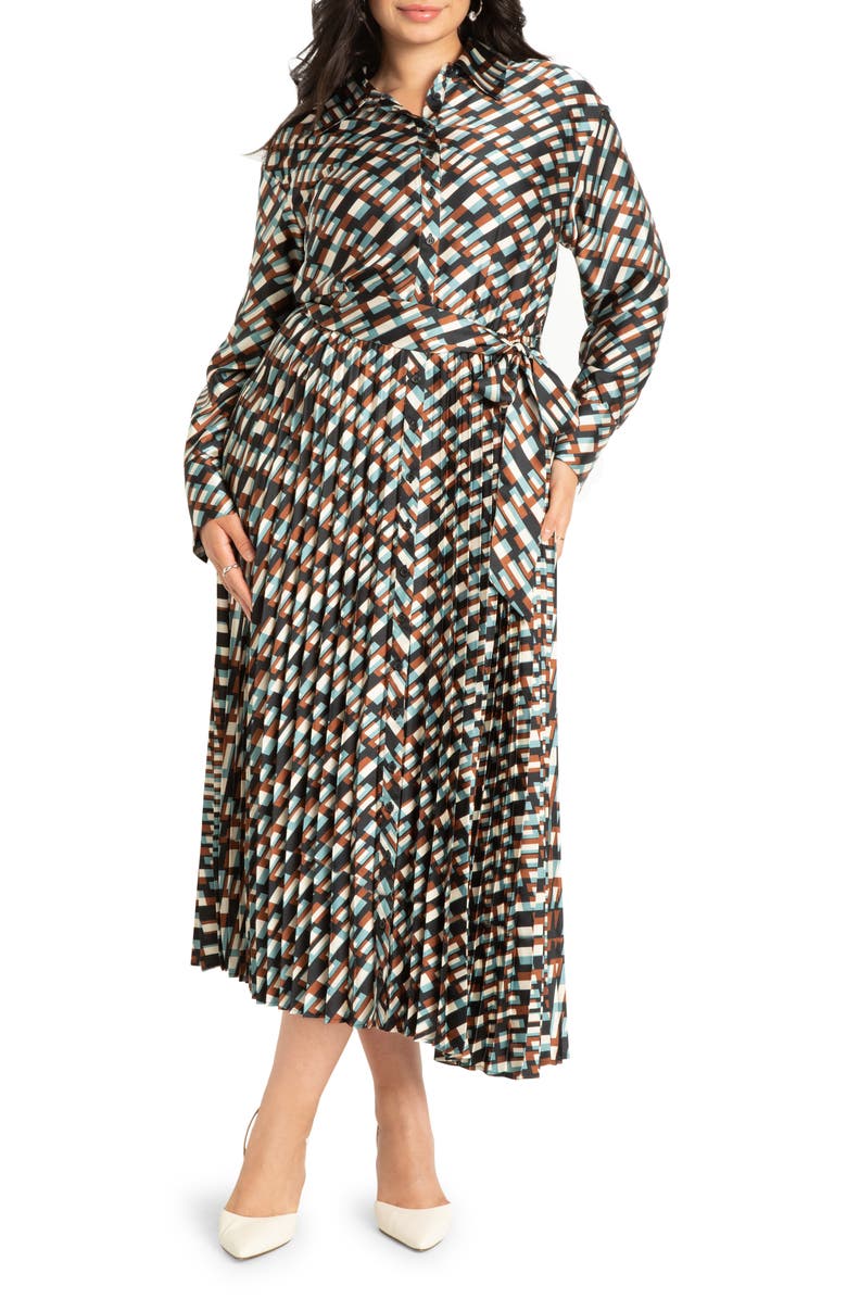 ELOQUII Geo Print Pleated Long Sleeve Maxi Shirtdress, Main, color,