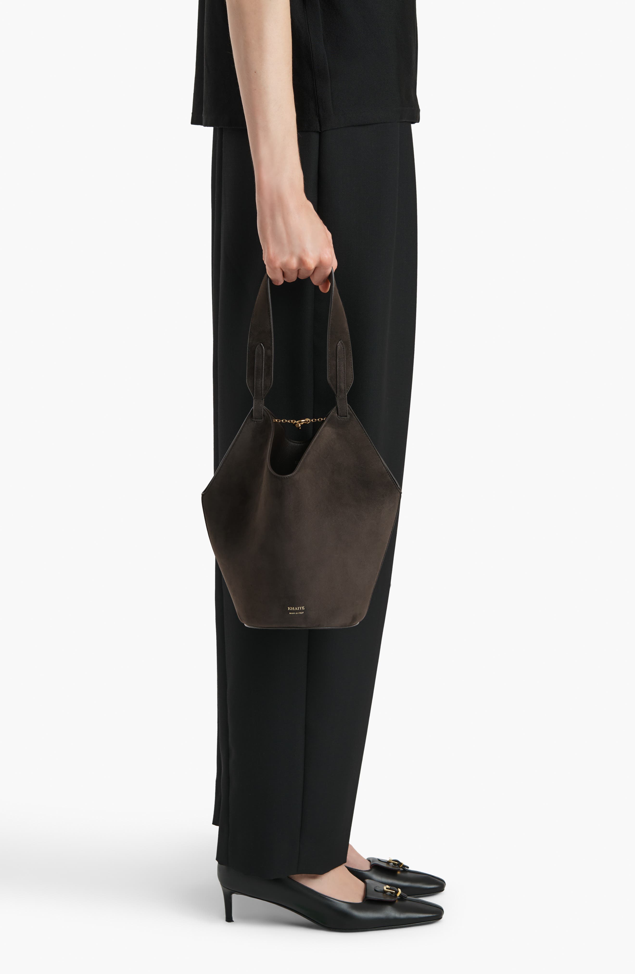 Khaite Mini Lotus Suede Top Handle Bag, Alternate, color, Dark Brown 950